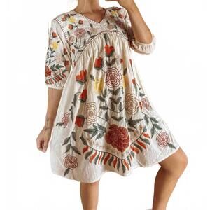 NEW GARDENBELLE embroidered floral cotton dress in multi white